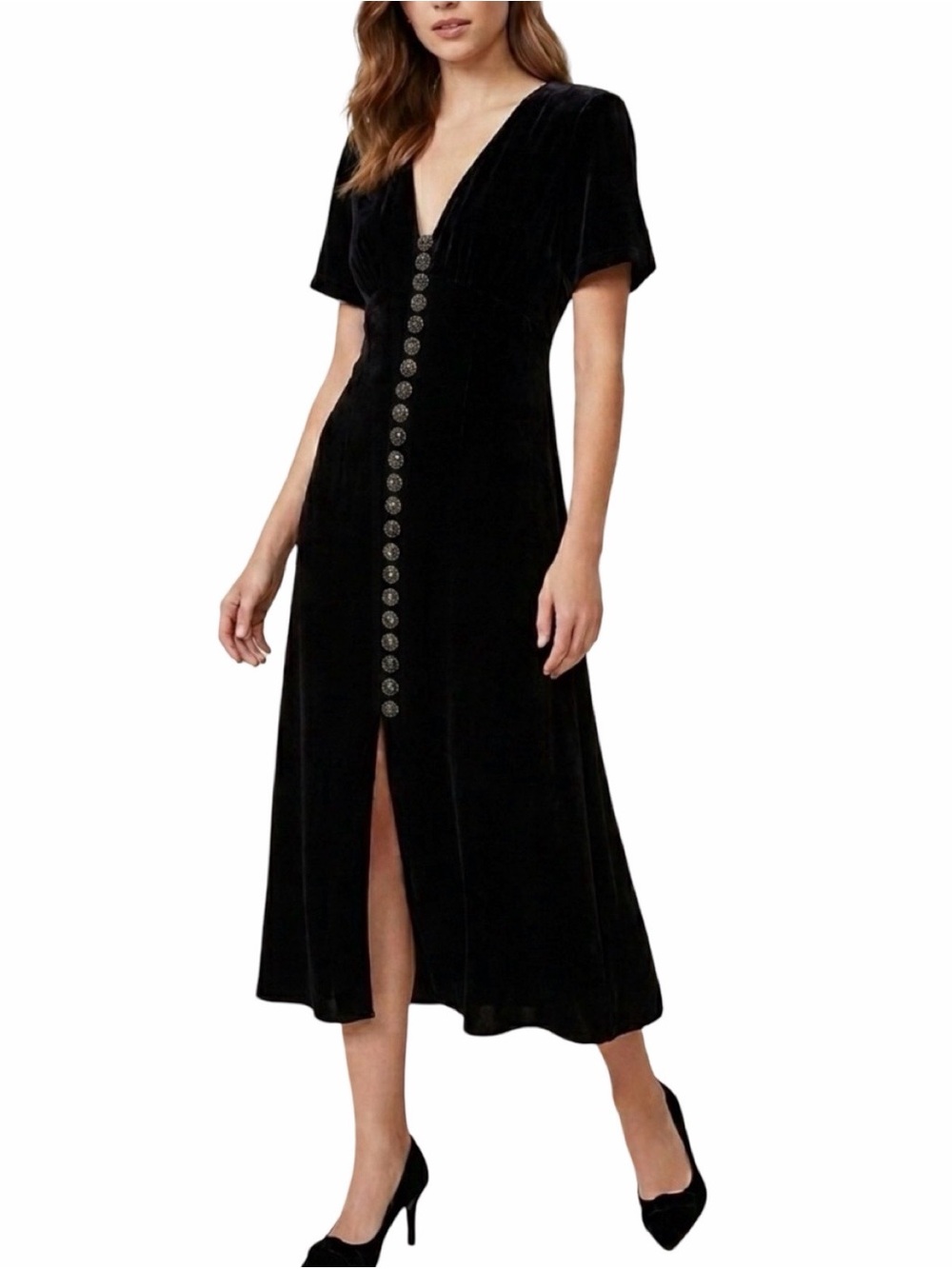 The Kooples Velvet Button-Front Midi Dress - Size 2 (US Medium, EU 38)